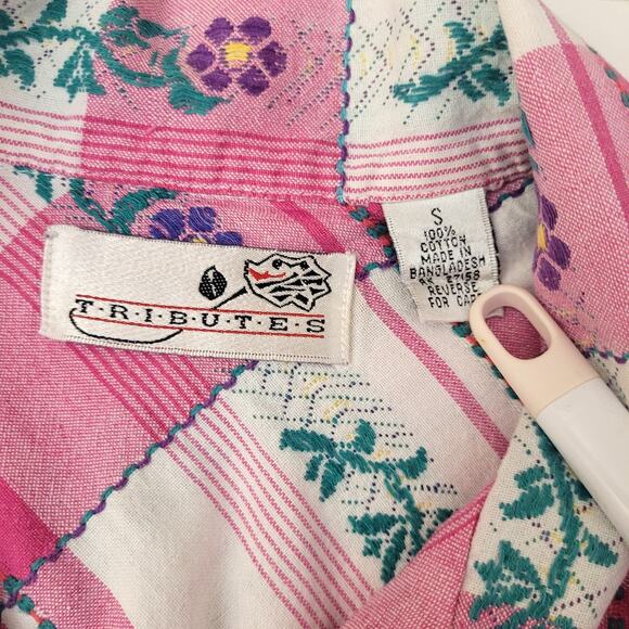 Tributes Vintage Womens Short Sleeve Floral Plaid Button Down Top Size Small - Picture 3 of 10